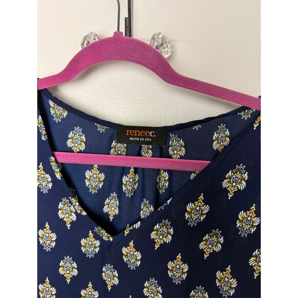 Renee C Block Print Flowy Blouse Women's Small Navy Blue Gold V-neck Top Shirt - Picture 4 of 5